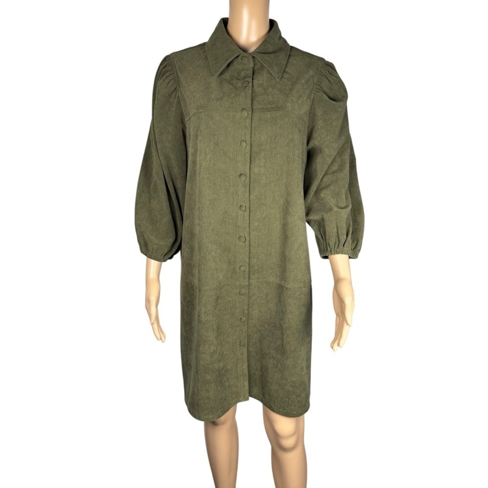 7 For All Mankind Olive Corduroy Puff Sleeve Button Down Shift Dress Size L